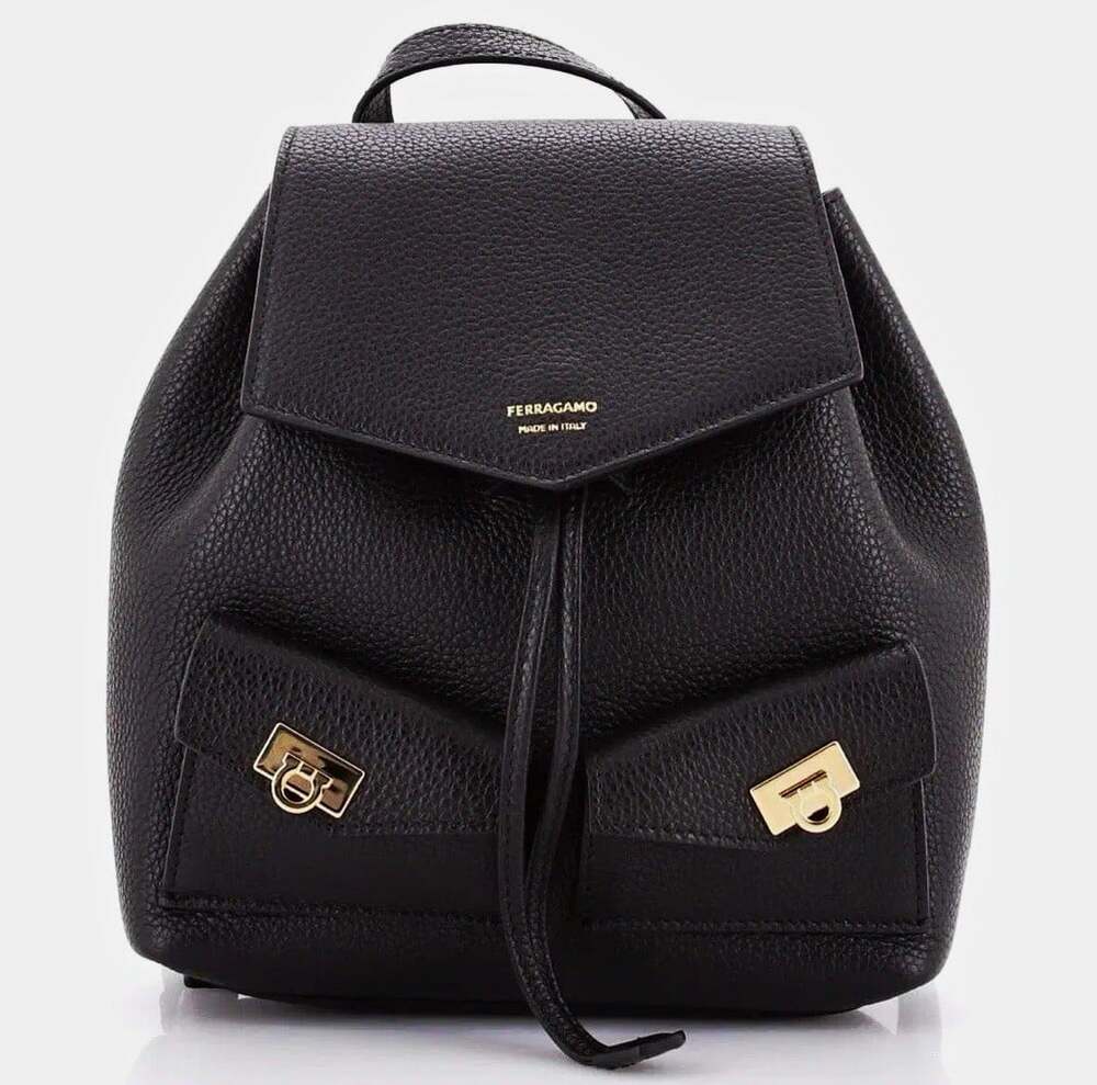 Salvatore Ferragamo Gancini Small Backpack Black Pebbled Leather Gold Hardware